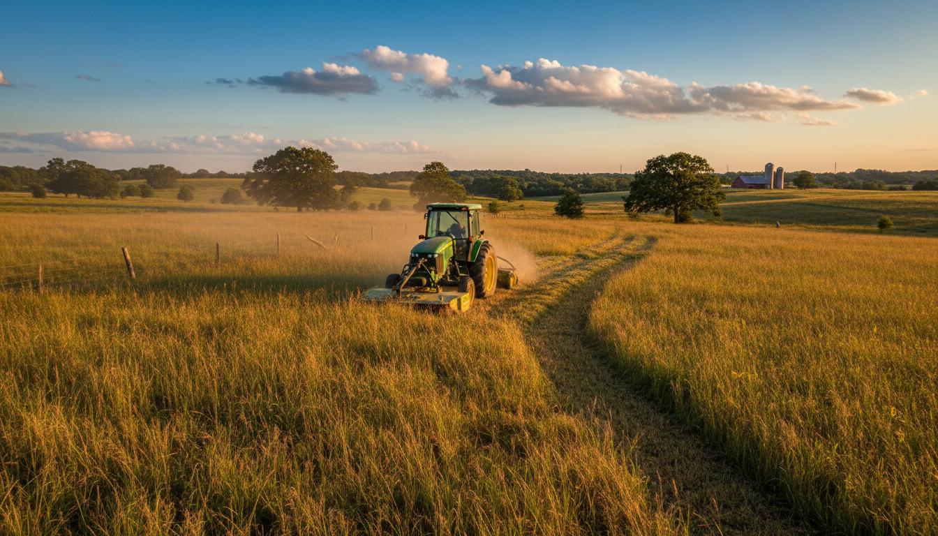 Bush hogging tractor mowing a large field