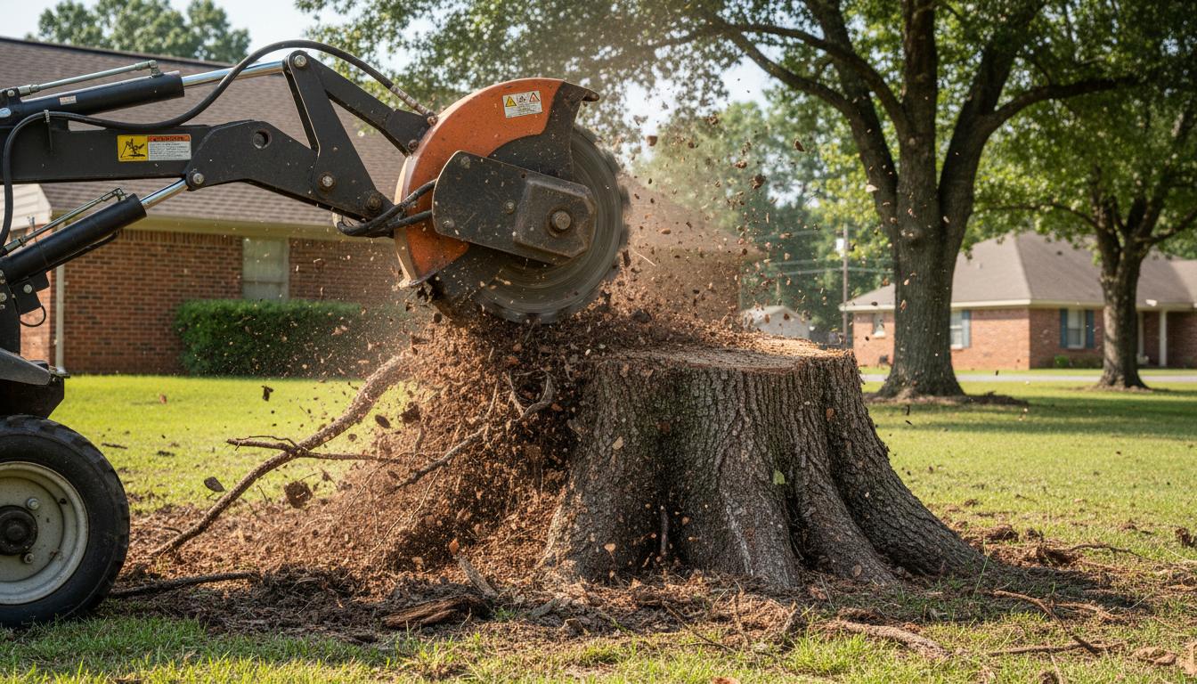 Stump removal equipment extracting a tree stump